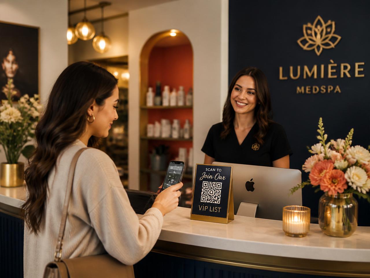 Female client scanning a QR code at a med-spa reception desk while a smiling staff member looks on